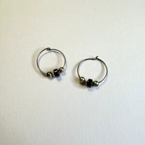 NWOT surgical steel silver black beaded hoop huggie earrings